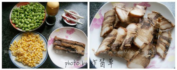 青豆玉米炒腊肉的做法步骤：1